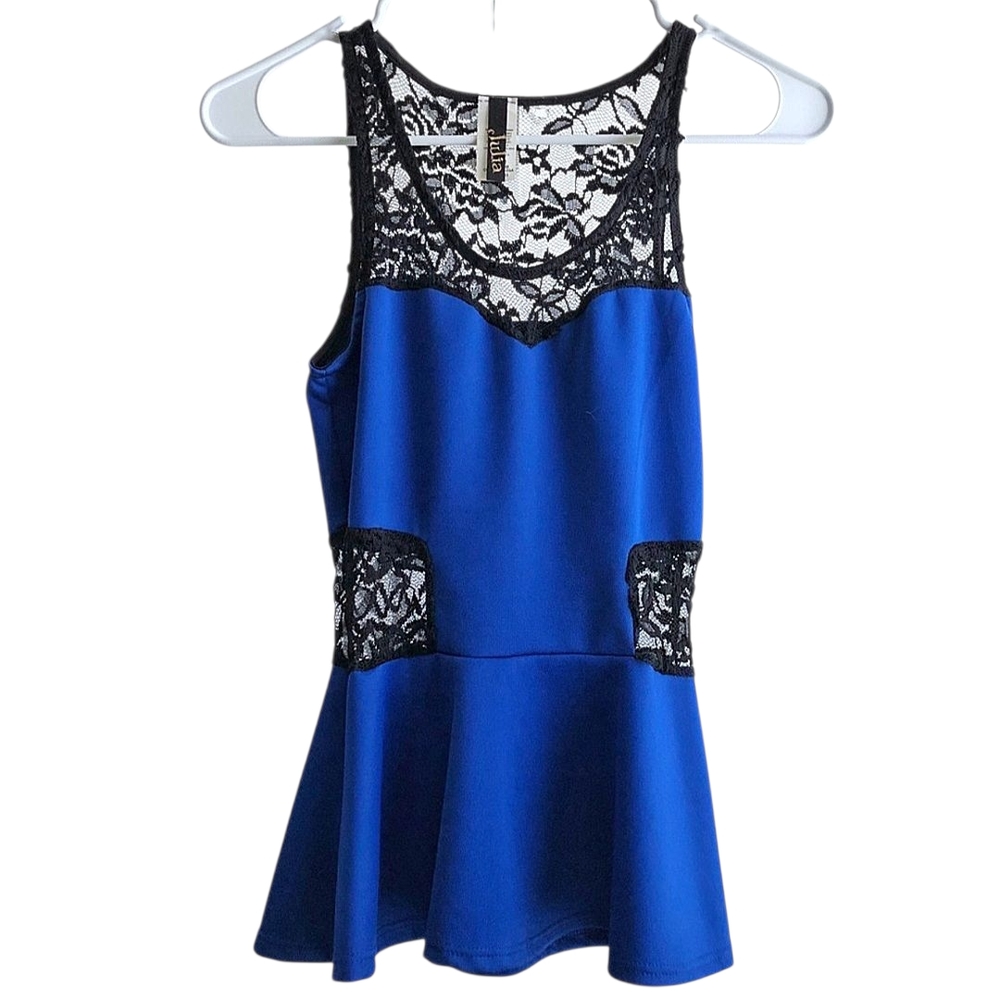 Blue Peplum Top with Black Lace Cutouts S